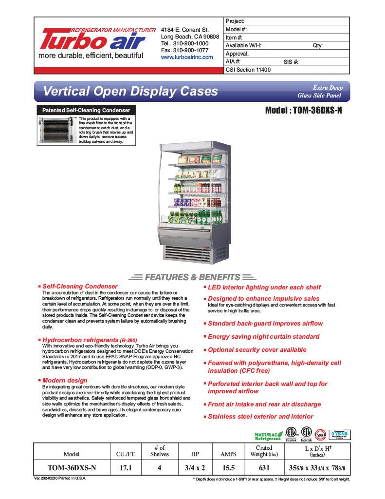Turbo Air TOM-36DXS-N 36" Stainless Steel Extra Deep Vertical Open Display Case with (5) Levels, 115v - Donut-Equipment.com