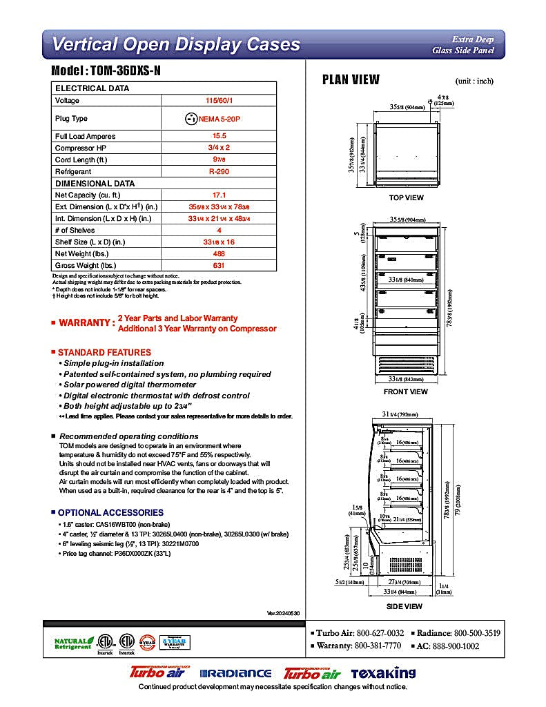 Turbo Air TOM-36DXS-N 36" Stainless Steel Extra Deep Vertical Open Display Case with (5) Levels, 115v - Donut-Equipment.com
