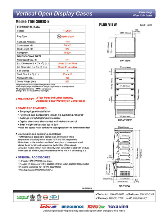 Turbo Air TOM-36DXS-N 36" Stainless Steel Extra Deep Vertical Open Display Case with (5) Levels, 115v - Bakery Wholesalers