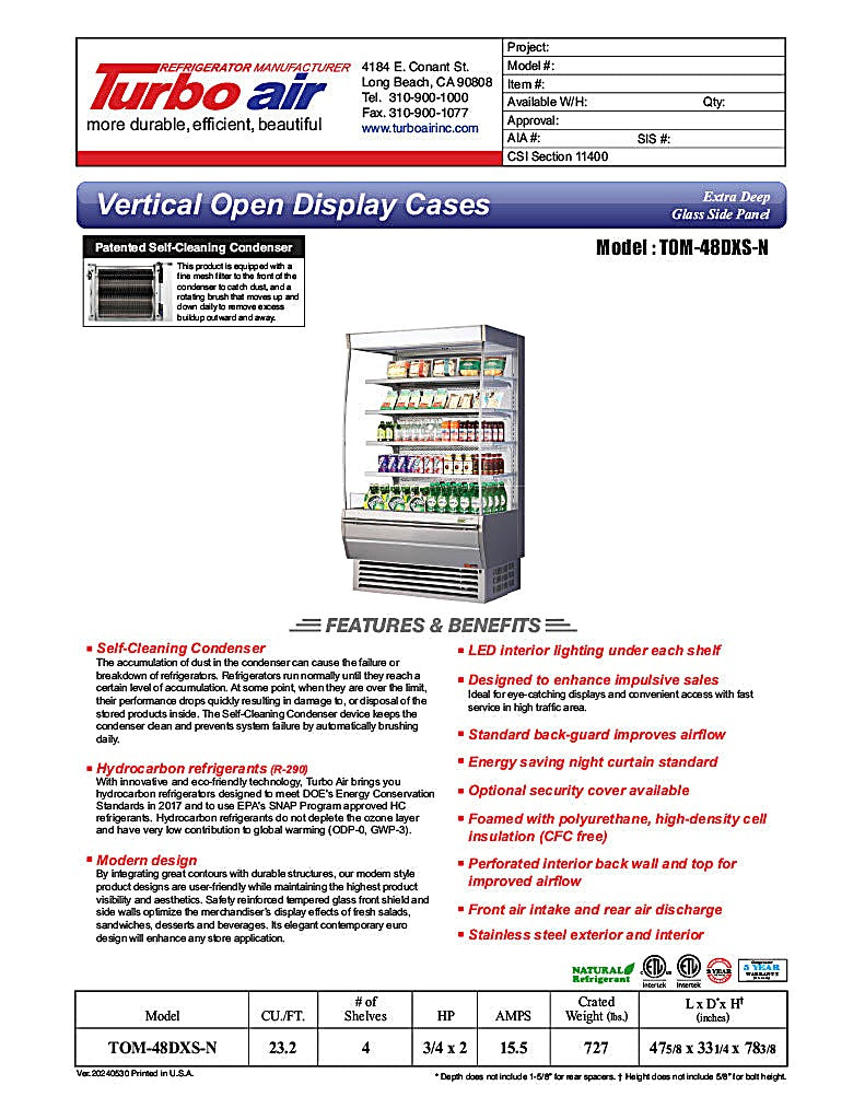 Turbo Air TOM-48DXS-N 48" Stainless Steel Extra Deep Vertical Open Display Case with (5) Levels, 115v - Donut-Equipment.com