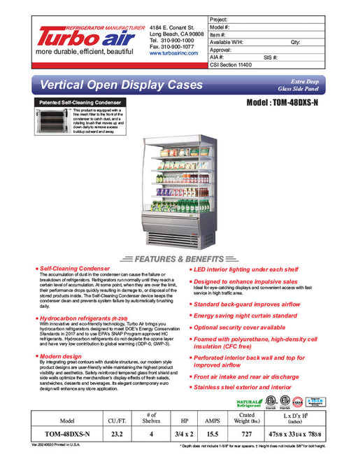 Turbo Air TOM-48DXS-N 48" Stainless Steel Extra Deep Vertical Open Display Case with (5) Levels, 115v - Bakery Wholesalers