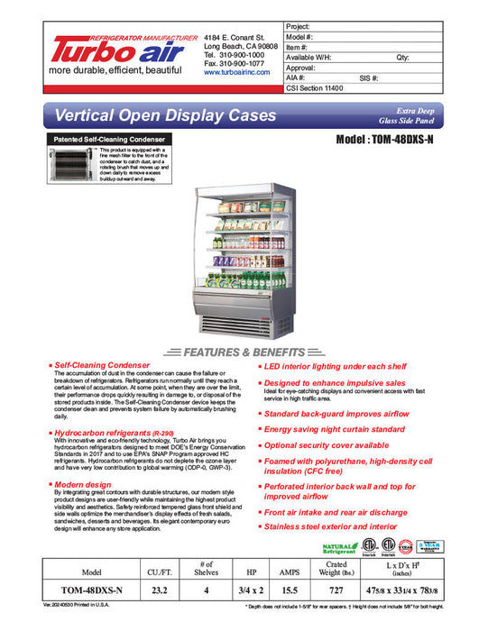 Turbo Air TOM-48DXS-N 48" Stainless Steel Extra Deep Vertical Open Display Case with (5) Levels, 115v - Bakery Wholesalers