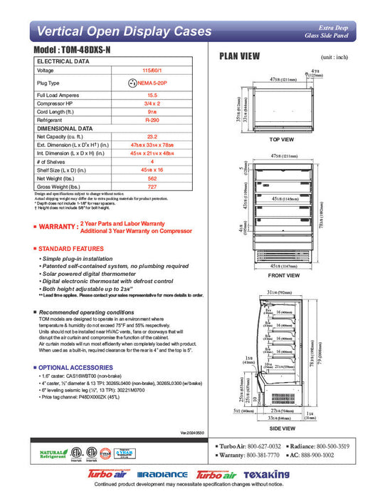 Turbo Air TOM-48DXS-N 48" Stainless Steel Extra Deep Vertical Open Display Case with (5) Levels, 115v - Bakery Wholesalers
