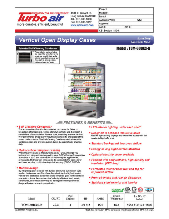 Turbo Air TOM-60DXS-N 60" Stainless Steel Extra Deep Vertical Open Air Cooler w/ (5) Levels, 115v - Bakery Wholesalers