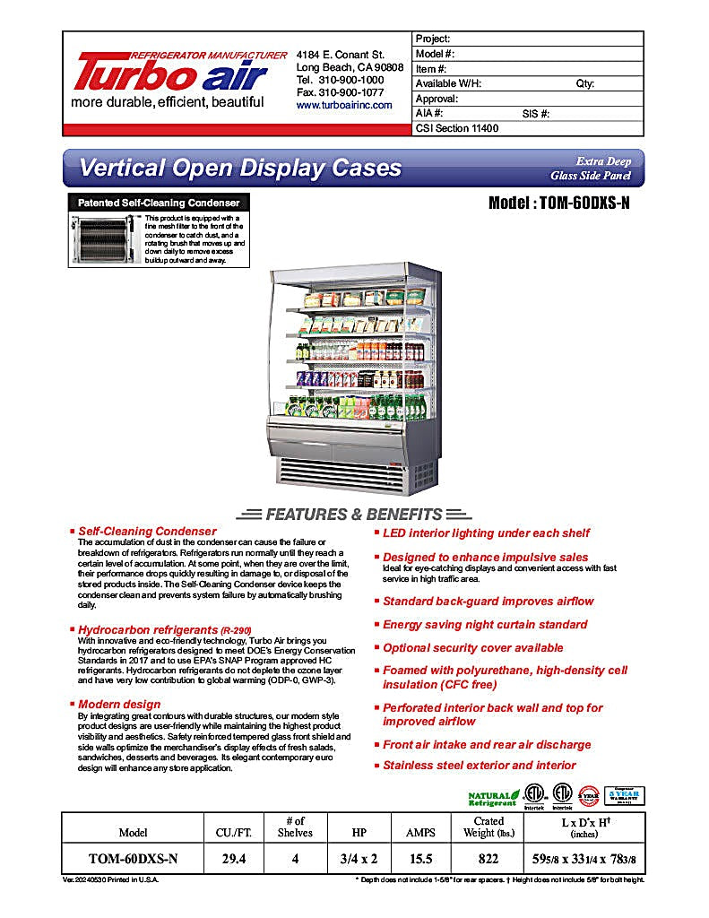 Turbo Air TOM-60DXS-N 60" Stainless Steel Extra Deep Vertical Open Air Cooler w/ (5) Levels, 115v - Donut-Equipment.com