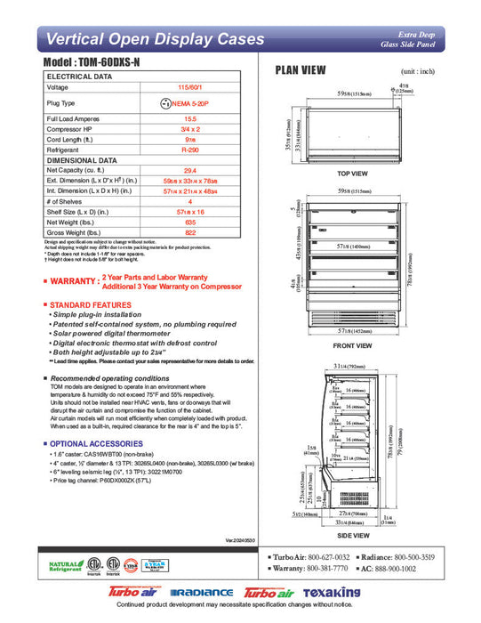 Turbo Air TOM-60DXS-N 60" Stainless Steel Extra Deep Vertical Open Air Cooler w/ (5) Levels, 115v - Bakery Wholesalers