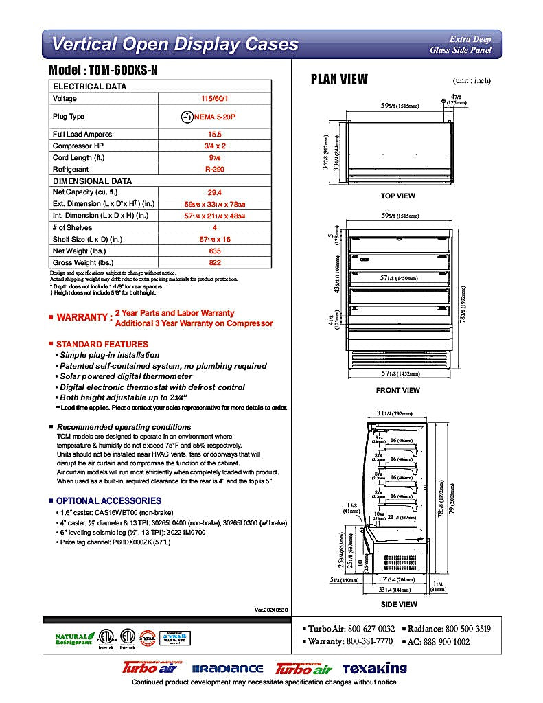 Turbo Air TOM-60DXS-N 60" Stainless Steel Extra Deep Vertical Open Air Cooler w/ (5) Levels, 115v - Donut-Equipment.com