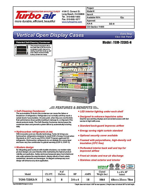 Turbo Air TOM-72DXS-N 68 3/4" Stainless Steel Extra Deep Vertical Open Air Cooler w/ (5) Levels, 115v - Donut-Equipment.com