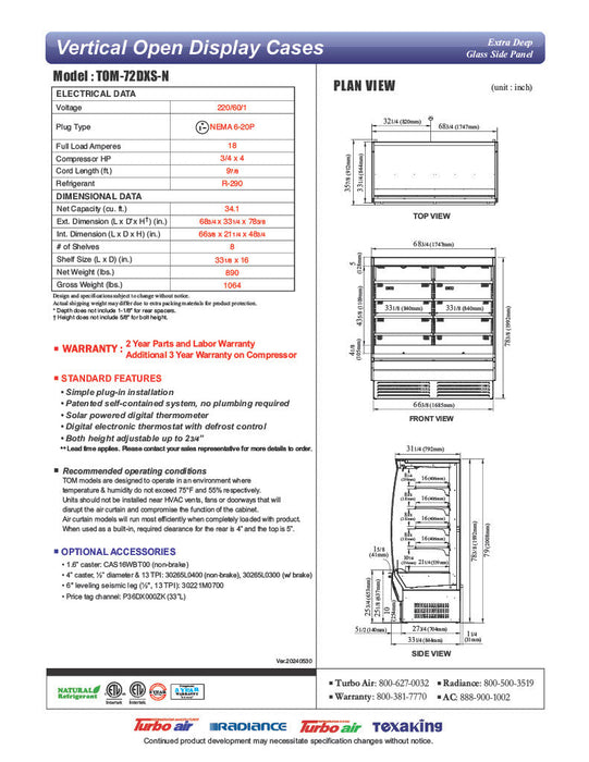 Turbo Air TOM-72DXS-N 68 3/4" Stainless Steel Extra Deep Vertical Open Air Cooler w/ (5) Levels, 115v - Bakery Wholesalers