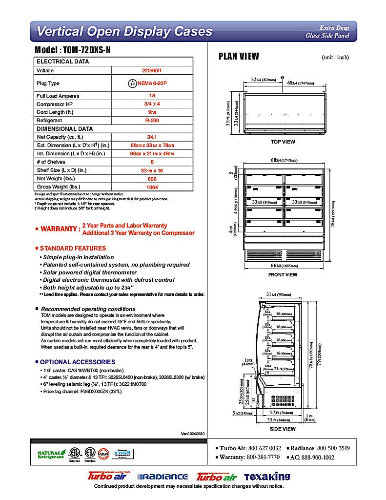 Turbo Air TOM-72DXS-N 68 3/4" Stainless Steel Extra Deep Vertical Open Air Cooler w/ (5) Levels, 115v - Donut-Equipment.com