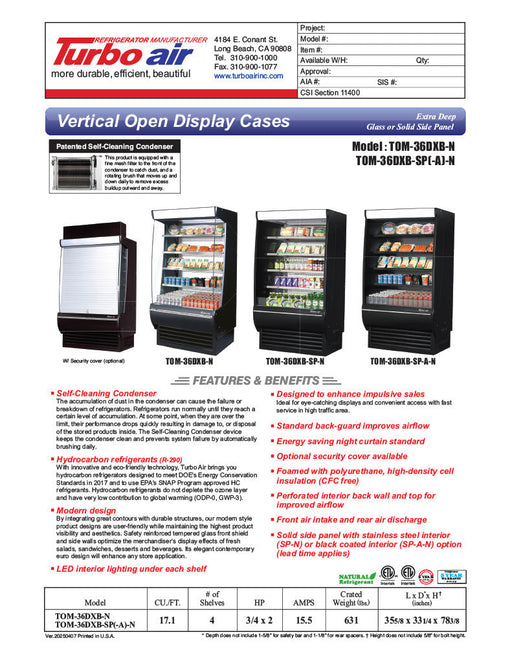 Turbo Air TOM-36DXB-SP-N 36" Black Extra Deep Vertical Open Air Cooler w/ Solid Side Panels, (5) Levels, 115v - Bakery Wholesalers