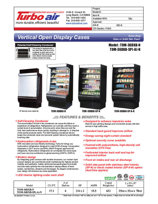 Turbo Air TOM-36DXB-SP-N 36" Black Extra Deep Vertical Open Air Cooler w/ Solid Side Panels, (5) Levels, 115v - Bakery Wholesalers