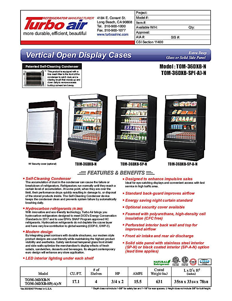 Turbo Air TOM-36DXB-SP-N 36" Black Extra Deep Vertical Open Air Cooler w/ Solid Side Panels, (5) Levels, 115v - Donut-Equipment.com