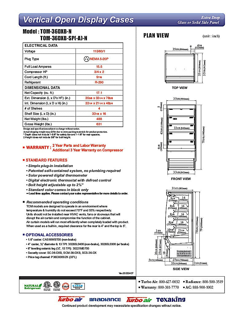 Turbo Air TOM-36DXB-SP-N 36" Black Extra Deep Vertical Open Air Cooler w/ Solid Side Panels, (5) Levels, 115v - Donut-Equipment.com