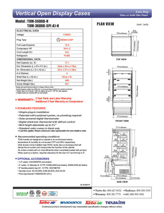 Turbo Air TOM-36DXB-SP-N 36" Black Extra Deep Vertical Open Air Cooler w/ Solid Side Panels, (5) Levels, 115v - Bakery Wholesalers