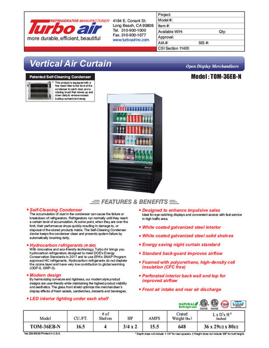 Turbo Air TOM-36EB-N 36" Black Vertical Open Air Cooler w/ (5) Levels, 115v - Bakery Wholesalers