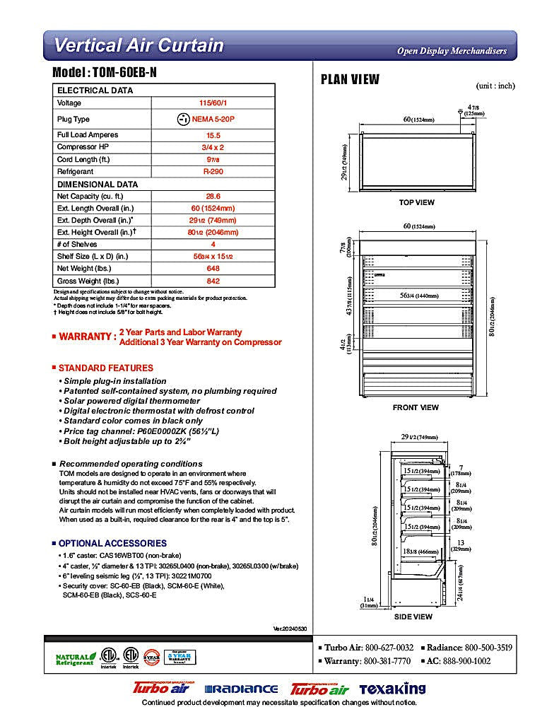 Turbo Air TOM-60EB-N 60" Black Vertical Open Air Cooler w/ (5) Levels, 115v - Donut-Equipment.com