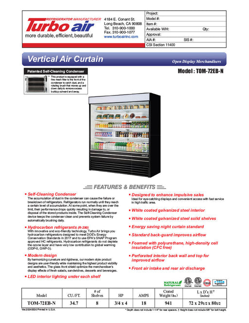 Turbo Air TOM-72EB-N 72" Black Vertical Open Air Cooler w/ (5) Levels, 220v/1ph - Bakery Wholesalers