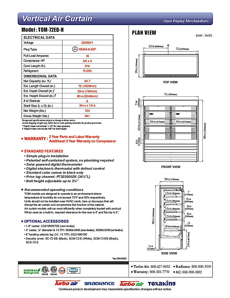 Turbo Air TOM-72EB-N 72" Black Vertical Open Air Cooler w/ (5) Levels, 220v/1ph - Donut-Equipment.com