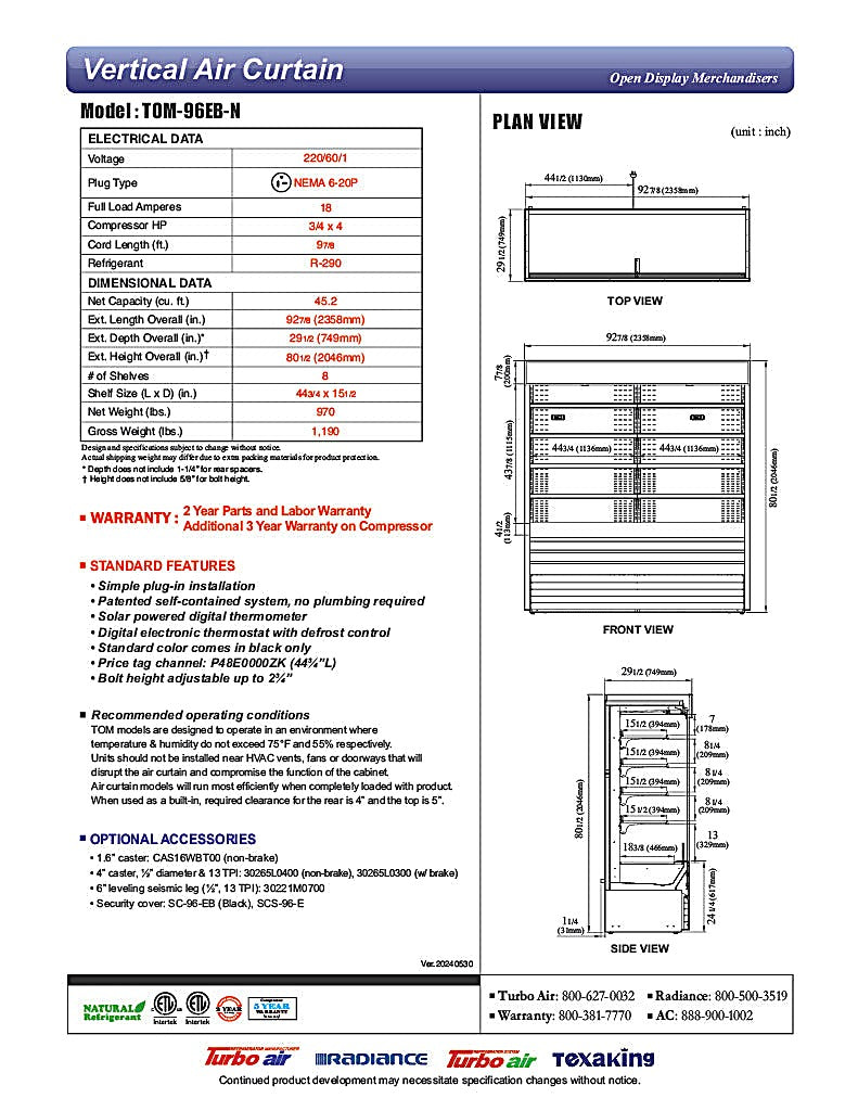 Turbo Air TOM-96EB-N 93" Black Vertical Open Air Cooler w/ (5) Levels, 220v/1ph - Donut-Equipment.com