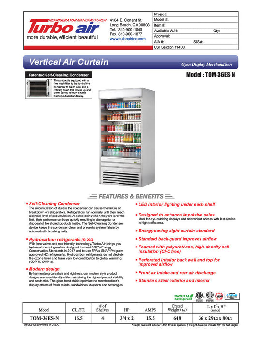 Turbo Air TOM-36ES-N 36" Stainless Steel Vertical Air Curtain Display Case w/ (5) Levels, 115v - Bakery Wholesalers