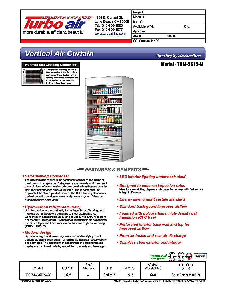 Turbo Air TOM-36ES-N 36" Stainless Steel Vertical Air Curtain Display Case w/ (5) Levels, 115v - Donut-Equipment.com