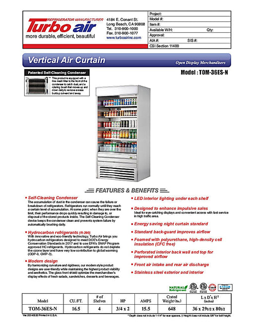 Turbo Air TOM-36ES-N 36" Stainless Steel Vertical Air Curtain Display Case w/ (5) Levels, 115v - Donut-Equipment.com