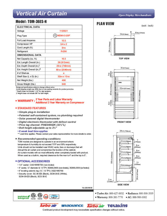 Turbo Air TOM-36ES-N 36" Stainless Steel Vertical Air Curtain Display Case w/ (5) Levels, 115v - Bakery Wholesalers