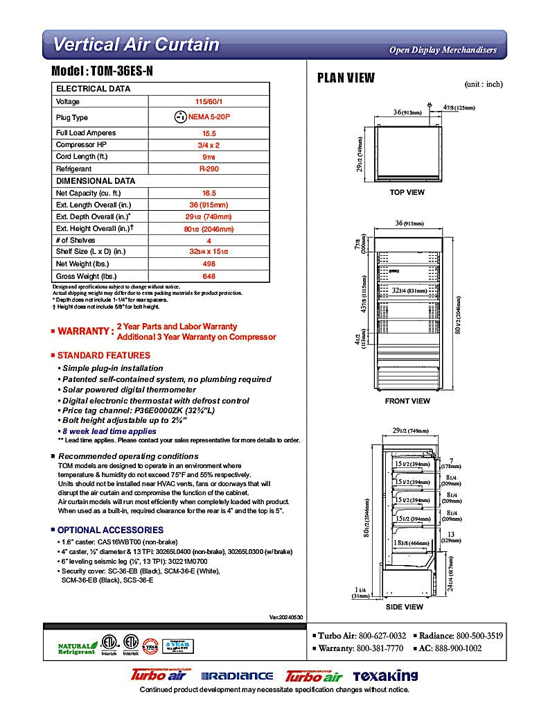 Turbo Air TOM-36ES-N 36" Stainless Steel Vertical Air Curtain Display Case w/ (5) Levels, 115v - Donut-Equipment.com