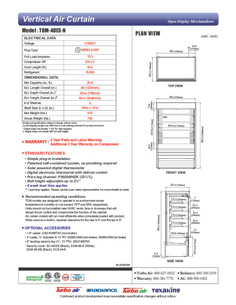 Turbo Air TOM-48ES-N 48" Stainless Steel Vertical Open Air Cooler w/ (5) Levels, 115v - Donut-Equipment.com