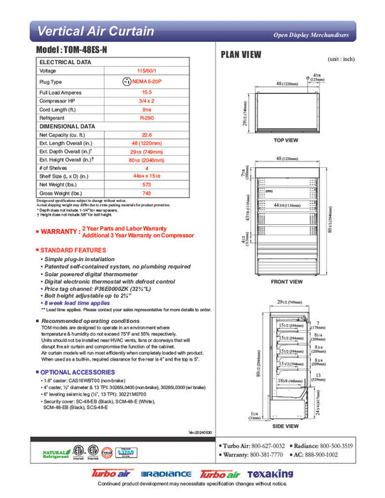 Turbo Air TOM-48ES-N 48" Stainless Steel Vertical Open Air Cooler w/ (5) Levels, 115v - Bakery Wholesalers