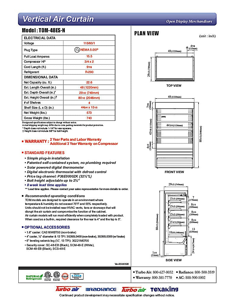Turbo Air TOM-48ES-N 48" Stainless Steel Vertical Open Air Cooler w/ (5) Levels, 115v - Donut-Equipment.com