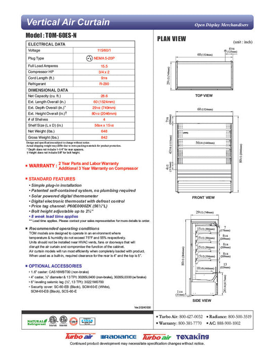 Turbo Air TOM-60ES-N 60" Stainless Steel Vertical Open Air Cooler w/ (5) Levels, 115v/1ph - Bakery Wholesalers