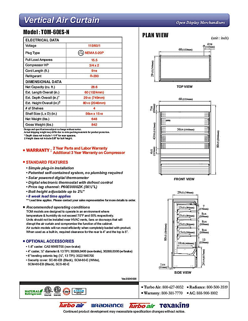 Turbo Air TOM-60ES-N 60" Stainless Steel Vertical Open Air Cooler w/ (5) Levels, 115v/1ph - Donut-Equipment.com