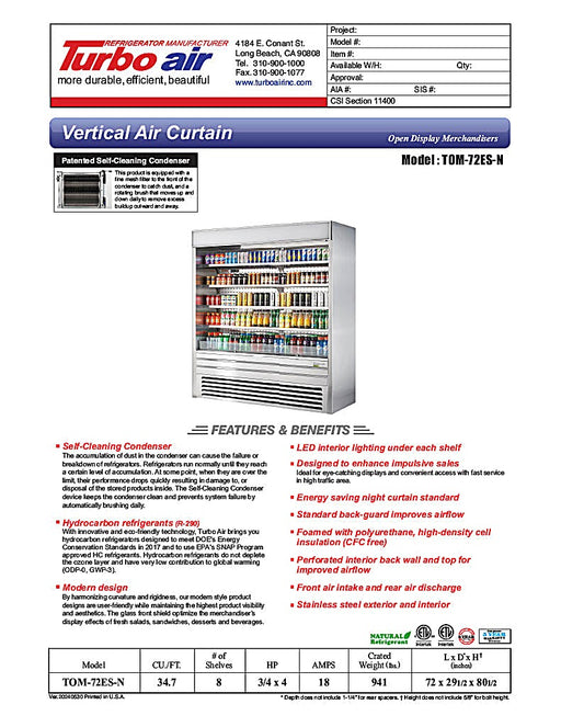 Turbo Air TOM-72ES-N 72" Stainless Steel Vertical Open Air Cooler w/ (5) Levels, 220v/1ph - Donut-Equipment.com