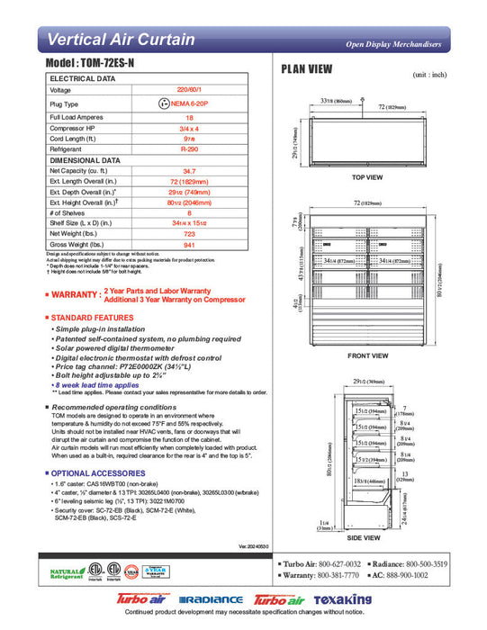 Turbo Air TOM-72ES-N 72" Stainless Steel Vertical Open Air Cooler w/ (5) Levels, 220v/1ph - Bakery Wholesalers