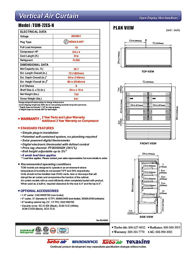 Turbo Air TOM-72ES-N 72" Stainless Steel Vertical Open Air Cooler w/ (5) Levels, 220v/1ph - Donut-Equipment.com