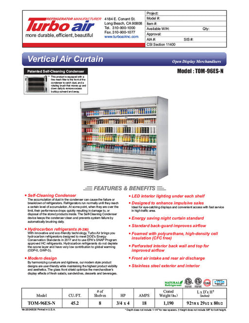 Turbo Air TOM-96ES-N 92 7/8" Stainless Steel Vertical Open Air Cooler with (5) Levels, 220v/1ph - Bakery Wholesalers