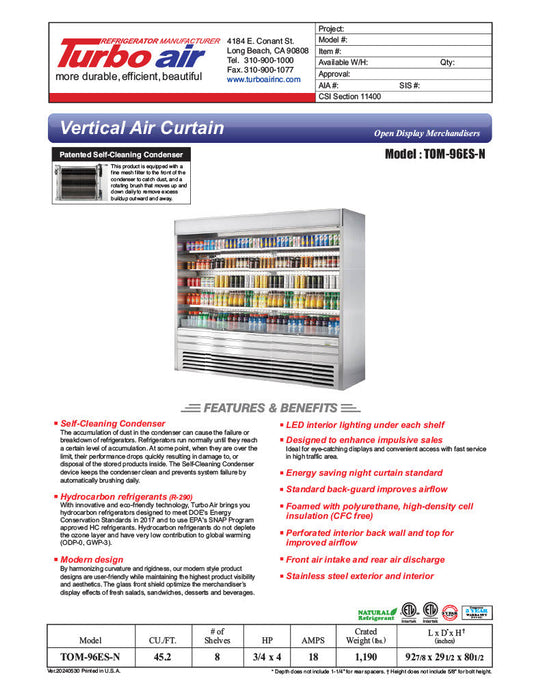 Turbo Air TOM-96ES-N 92 7/8" Stainless Steel Vertical Open Air Cooler with (5) Levels, 220v/1ph - Bakery Wholesalers