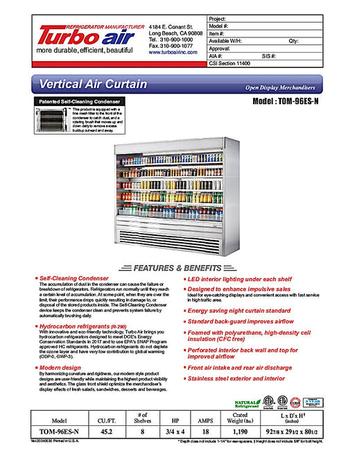 Turbo Air TOM-96ES-N 92 7/8" Stainless Steel Vertical Open Air Cooler with (5) Levels, 220v/1ph - Donut-Equipment.com