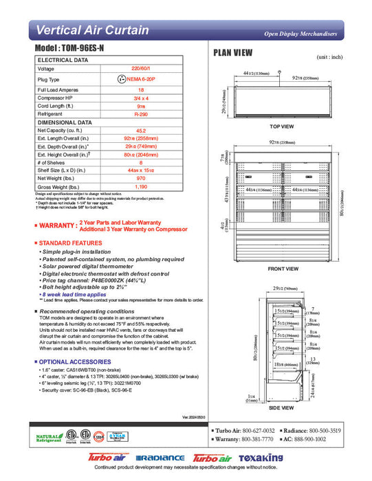 Turbo Air TOM-96ES-N 92 7/8" Stainless Steel Vertical Open Air Cooler with (5) Levels, 220v/1ph - Bakery Wholesalers