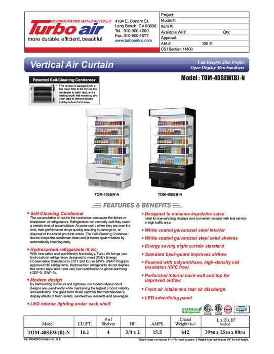 Turbo Air TOM-40SEB-N 39 7/8" Black Narrow Depth Vertical Open Air Cooler / Air Curtain Display Case with (5) Levels, 115v - Bakery Wholesalers