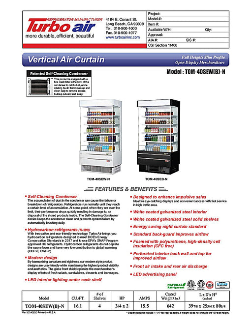Turbo Air TOM-40SEW-N 39 7/8" White Narrow Depth Vertical Open Air Cooler / Air Curtain Display Case with (5) Levels, 115v - Donut-Equipment.com