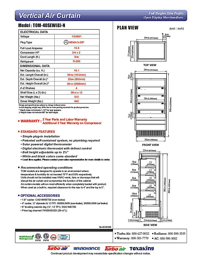 Turbo Air TOM-40SEW-N 39 7/8" White Narrow Depth Vertical Open Air Cooler / Air Curtain Display Case with (5) Levels, 115v - Donut-Equipment.com