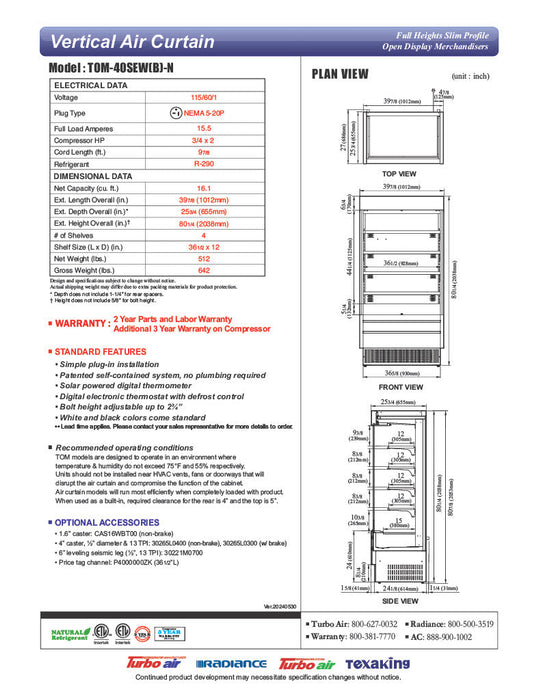 Turbo Air TOM-40SEW-N 39 7/8" White Narrow Depth Vertical Open Air Cooler / Air Curtain Display Case with (5) Levels, 115v - Donut-Equipment.com