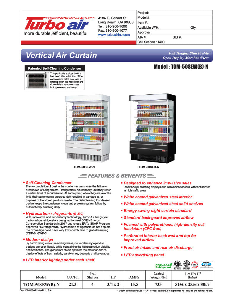 Turbo Air TOM-50SEW-N 51 5/8" White Narrow Depth Vertical Open Air Cooler / Air Curtain Display Case with (5) Levels, 115v - Donut-Equipment.com