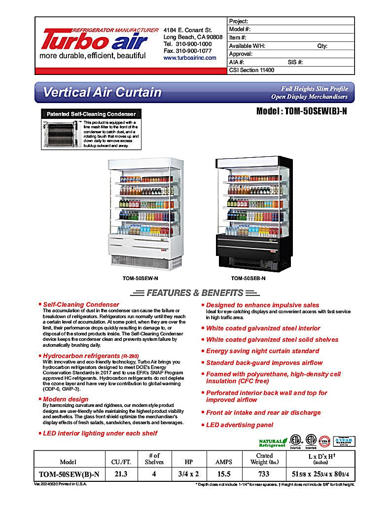 Turbo Air TOM-50SEW-N 51 5/8" White Narrow Depth Vertical Open Air Cooler / Air Curtain Display Case with (5) Levels, 115v - Donut-Equipment.com