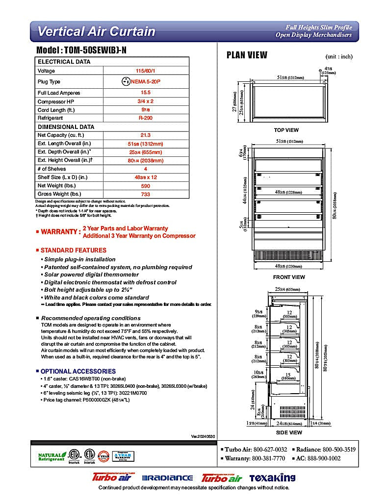 Turbo Air TOM-50SEW-N 51 5/8" White Narrow Depth Vertical Open Air Cooler / Air Curtain Display Case with (5) Levels, 115v - Donut-Equipment.com