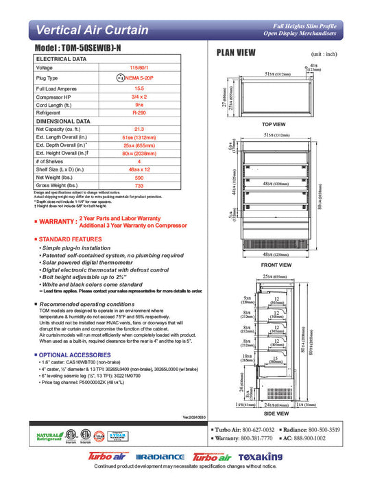 Turbo Air TOM-50SEB-N 51 5/8" Black Narrow Depth Vertical Open Air Cooler / Air Curtain Display Case with (5) Levels, 115v - Bakery Wholesalers