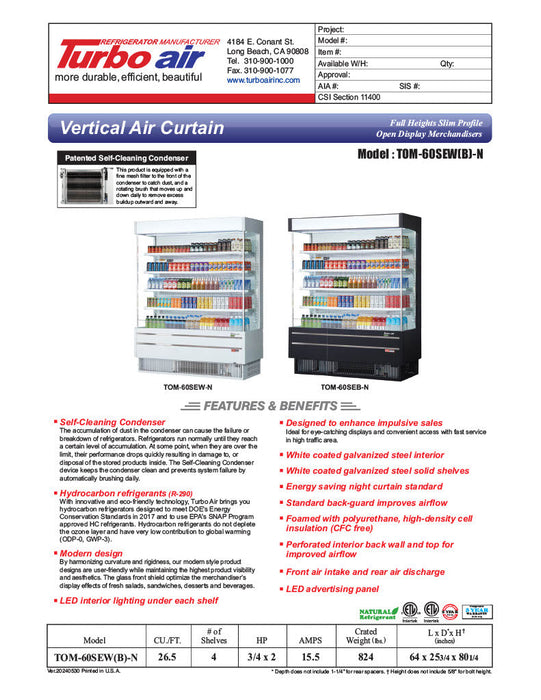 Turbo Air TOM-60SEB-N 64" Black Narrow Depth Vertical Open Air Cooler / Air Curtain Display Case with (5) Levels, 115v - Bakery Wholesalers